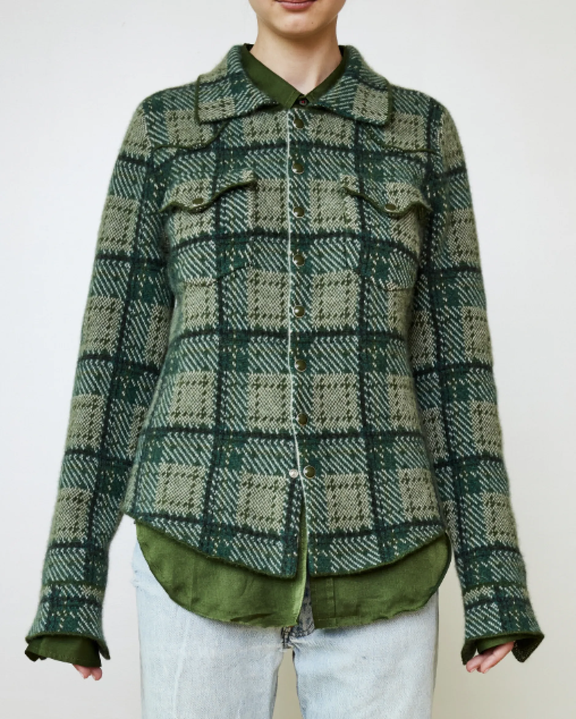 brazeau_tricot_plaid_cowg_0.webp Sweaters | Brazeau Tricot Plaid Cowgirl Shacket in Utility